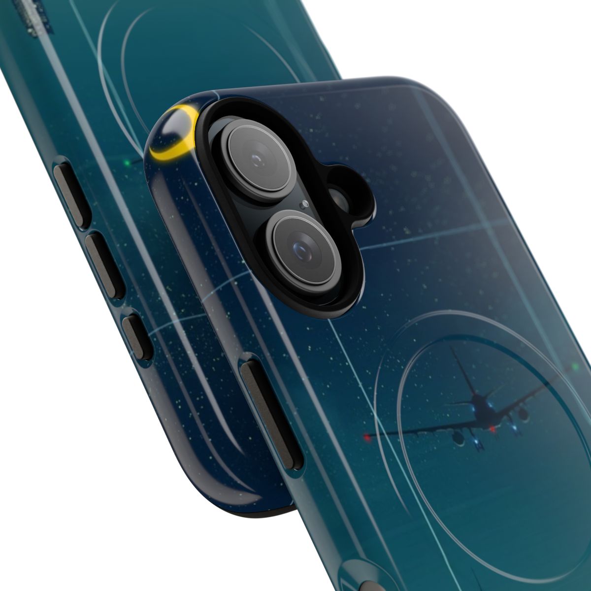 Magnetic phone case with a cityscape at night, featuring the moon, stars, and an airplane - Detail