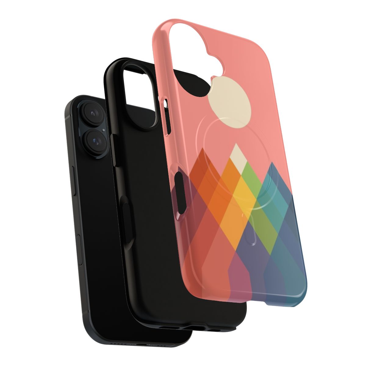 Colorful and geometric phone case design featuring a vibrant mountain landscape. - Layers