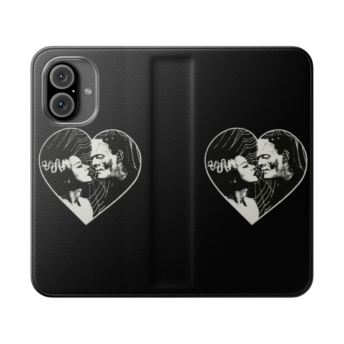 A gothic-style phone case featuring the classic monster Frankenstein and his bride in a black and white design with a heart and spider web motif.