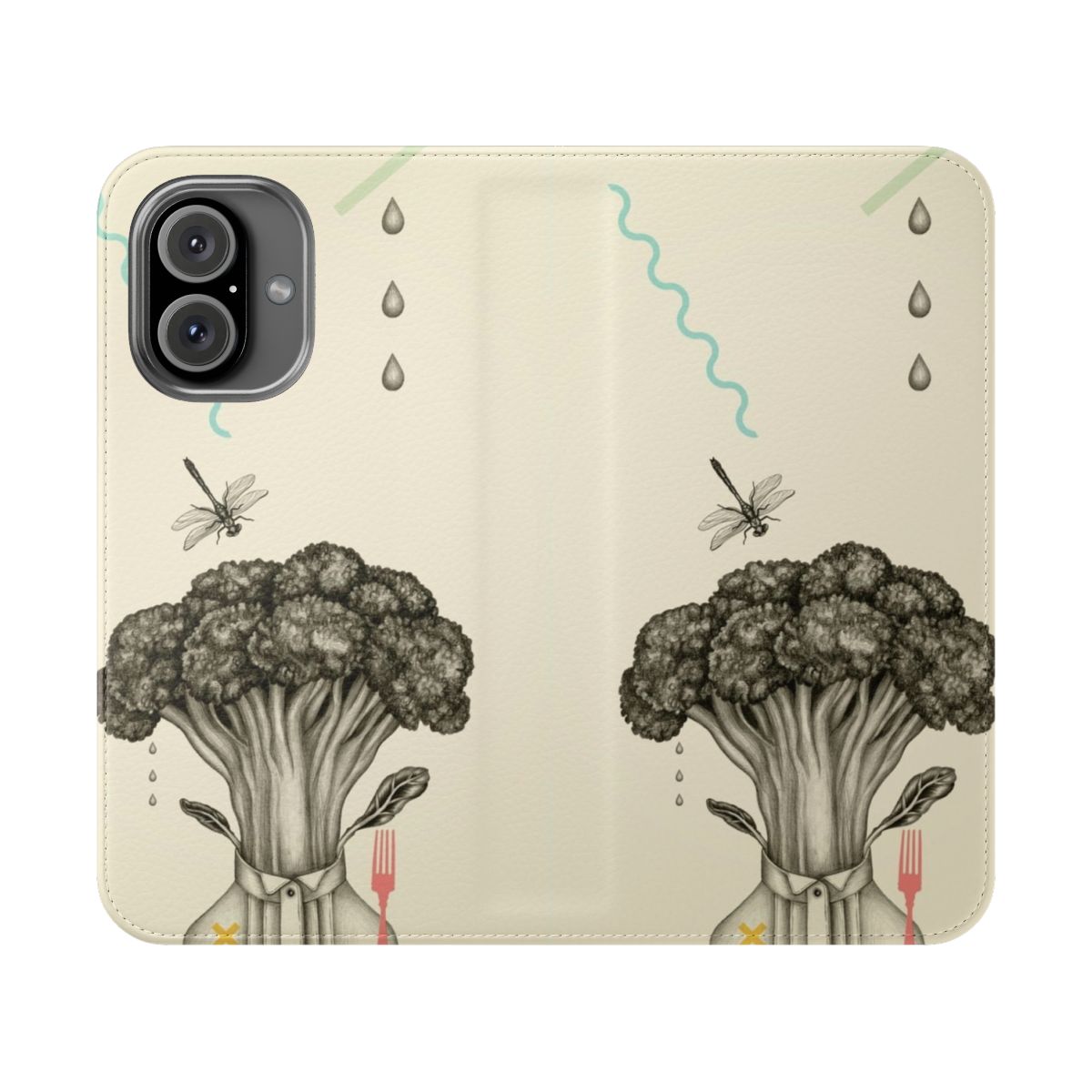 Broccoli-themed flip phone case with fork, dragonfly, portrait, and pencil design