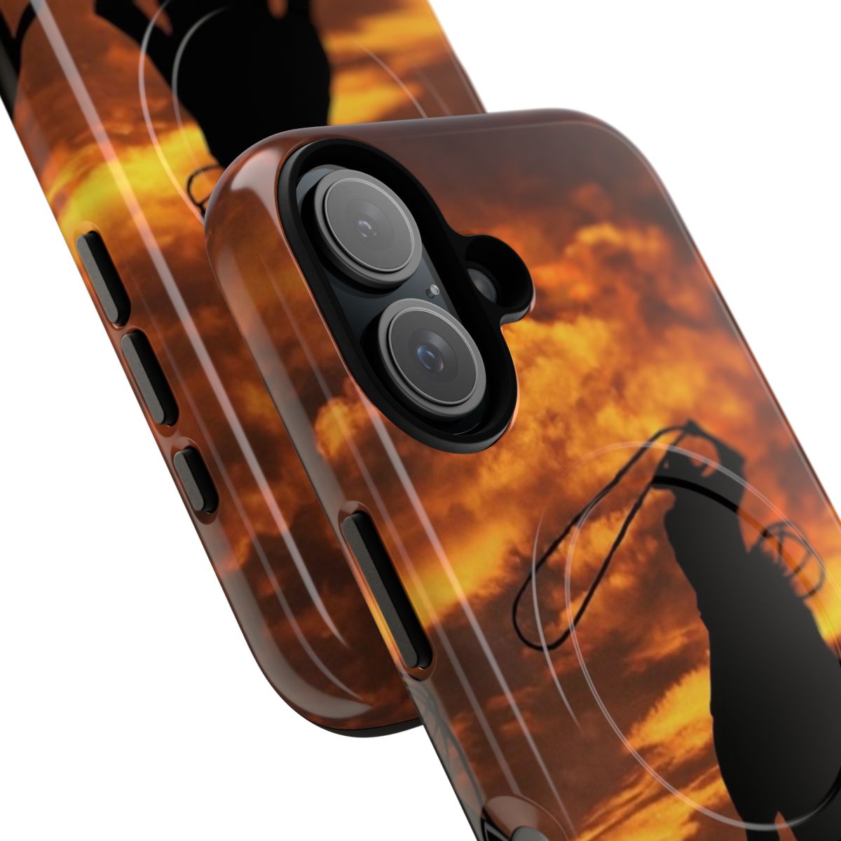 Silhouette of cowboys on horses against a fiery sunset sky on a tough magnetic phone case - Detail