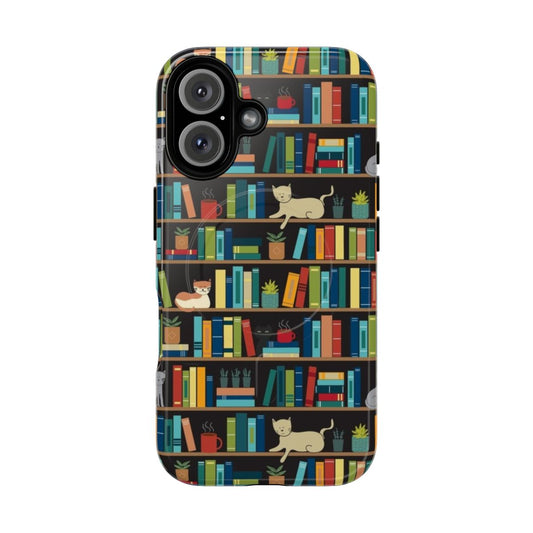 Magnetic tough phone case with a book lover, reading, and cat-themed design