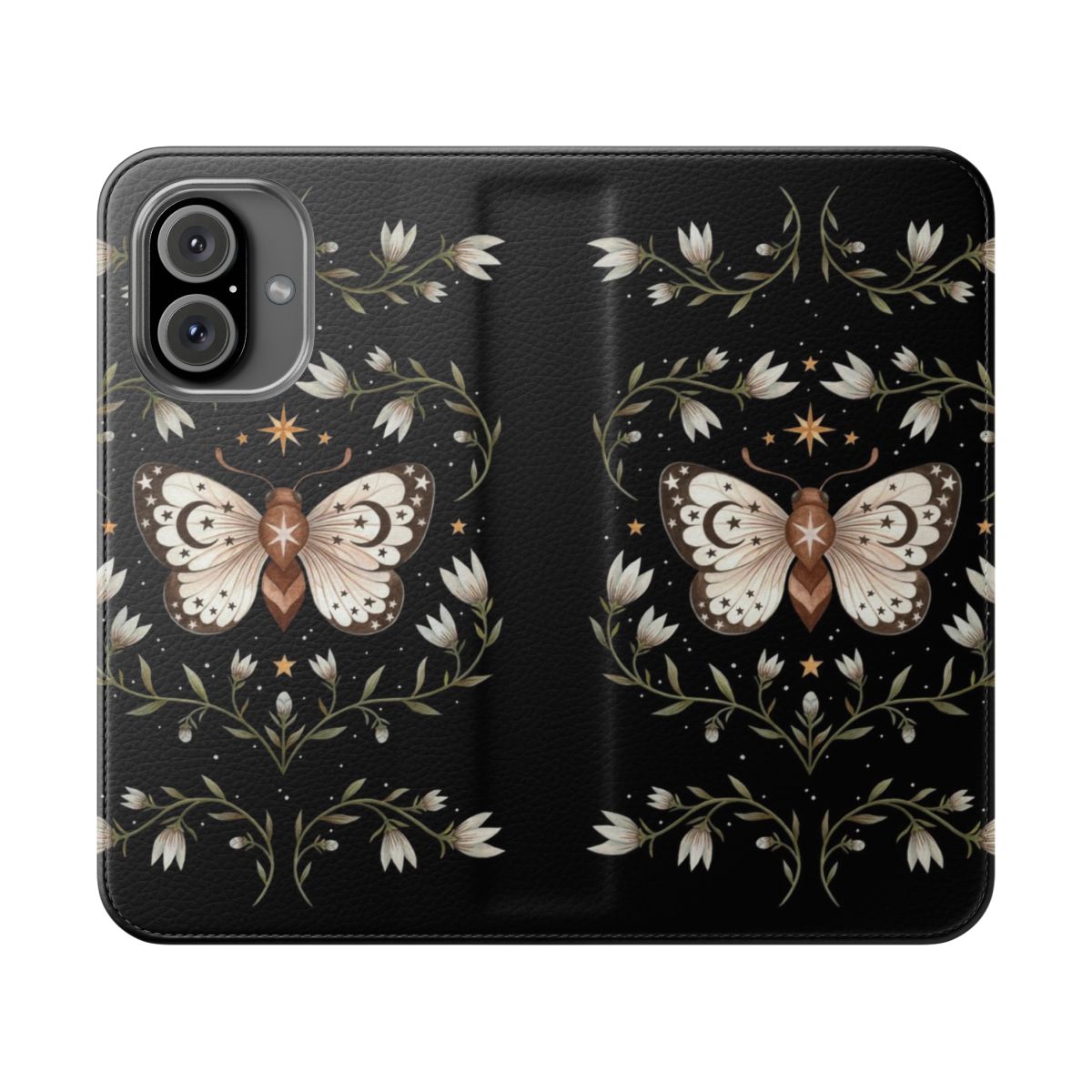 Magical phone case with a design featuring a moth, butterfly, and starry night sky