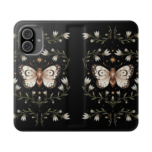 Magical phone case with a design featuring a moth, butterfly, and starry night sky