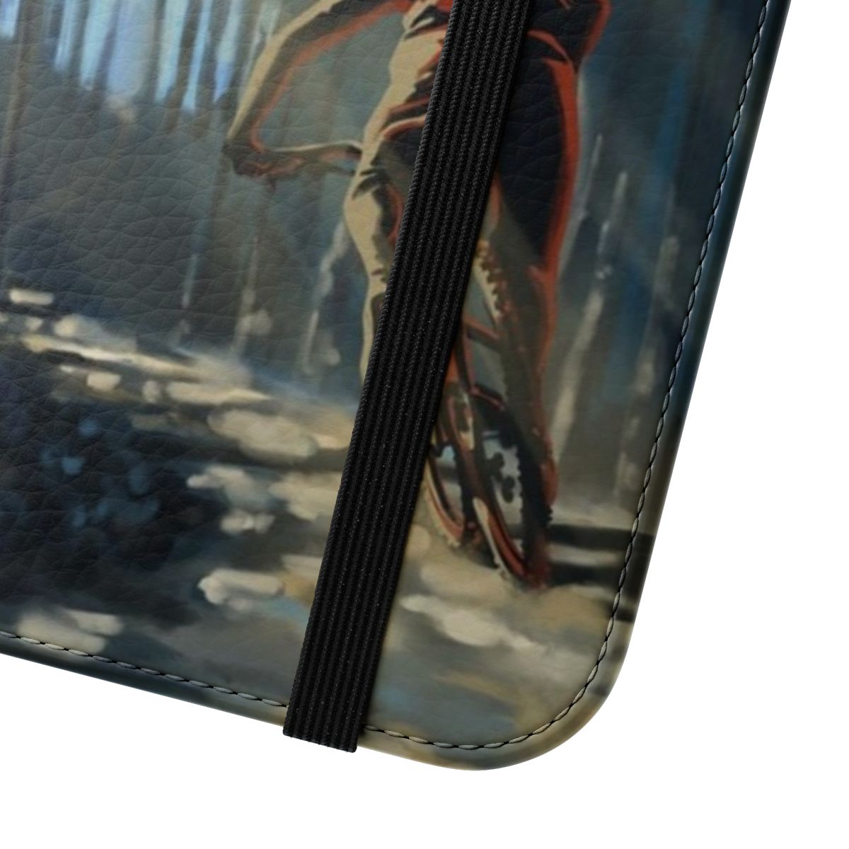 A flip cover phone case featuring a mountain biking landscape in a dirt road setting. - Close Up