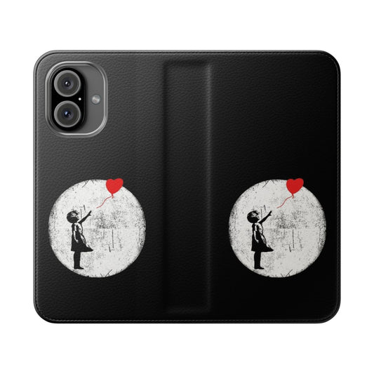 Flip phone case featuring a colorful street art inspired design with a girl and balloon, perfect for Banksy and graffiti fans.