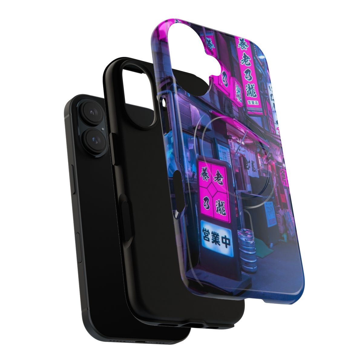 Colorful neon lights and buildings in the Shinjuku Omoide Yokocho alley, Tokyo, featured on a retro futuristic phone case. - Layers