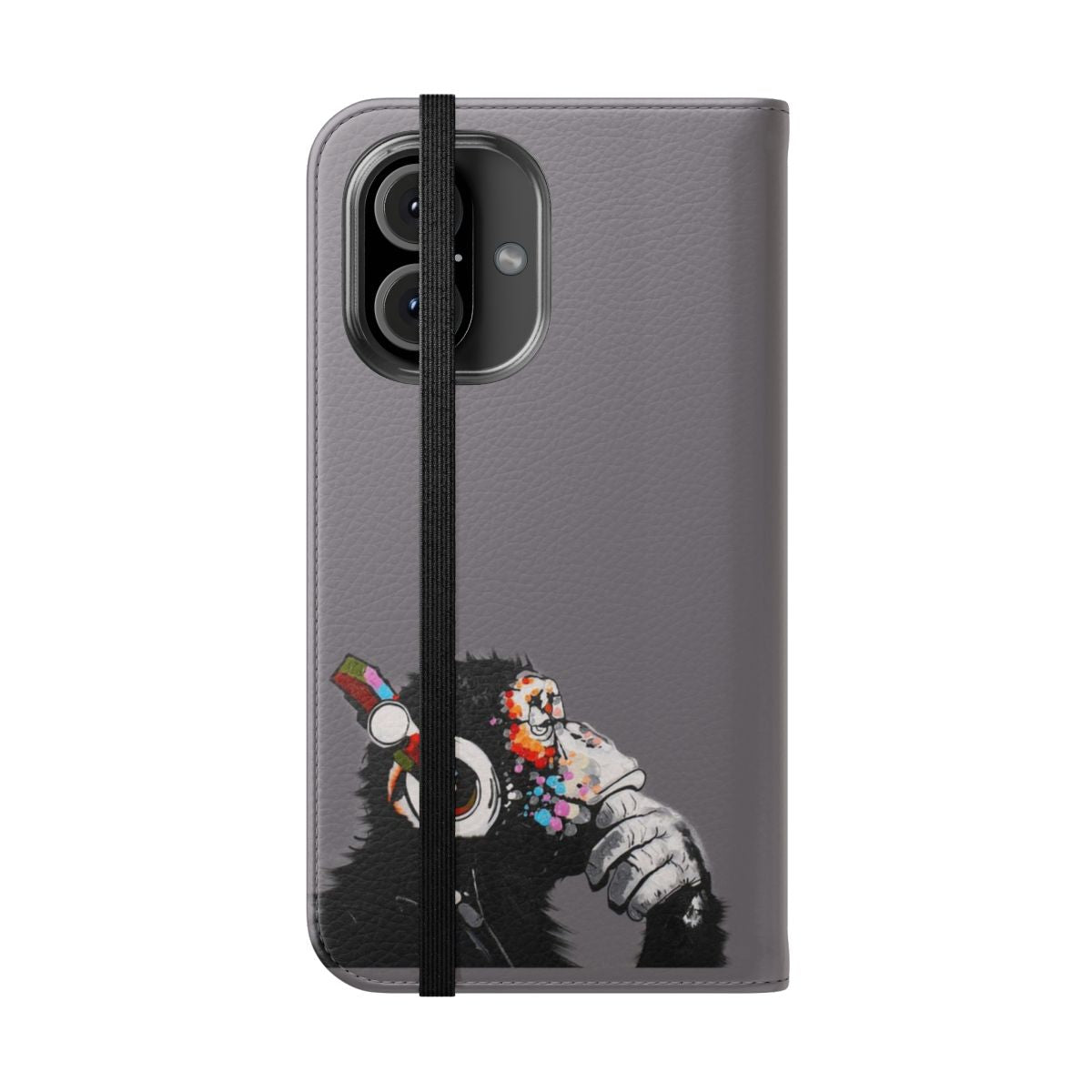 Vibrant phone case featuring a chimpanzee in a "thinker" pose, inspired by the artwork of Banksy. - Folded Front