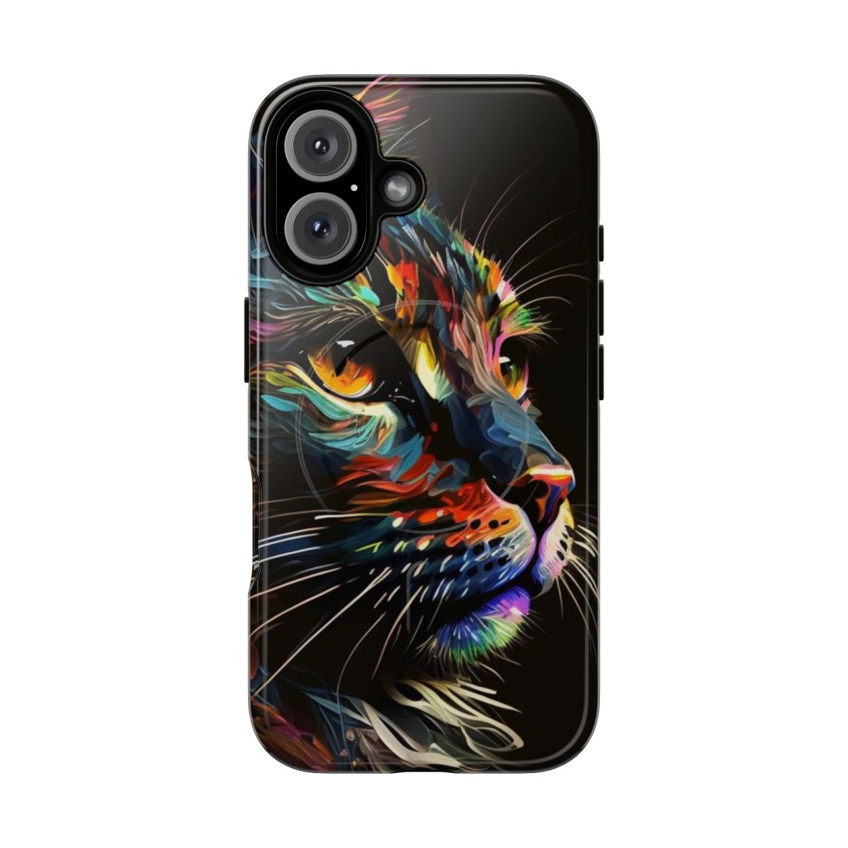 Colorful abstract cat art design on a sturdy phone case