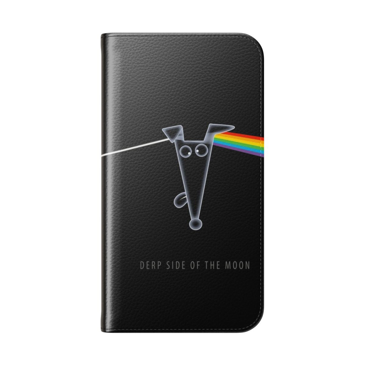 Whimsical flip cover phone case featuring a cartoon greyhound and Pink Floyd inspired design - Folded Back