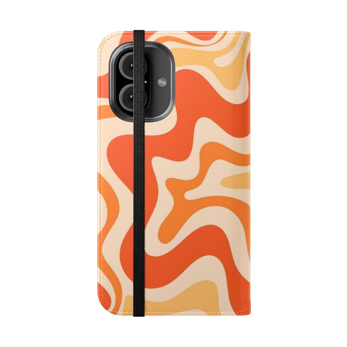 Retro abstract pattern phone case in vibrant orange and pink swirl design - Folded Front