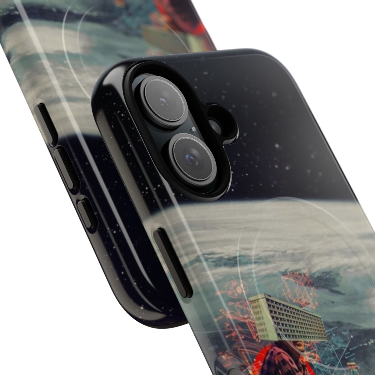 Vintage-inspired magnetic tough phone case featuring a surreal collage design with retro architecture and space elements. - Detail