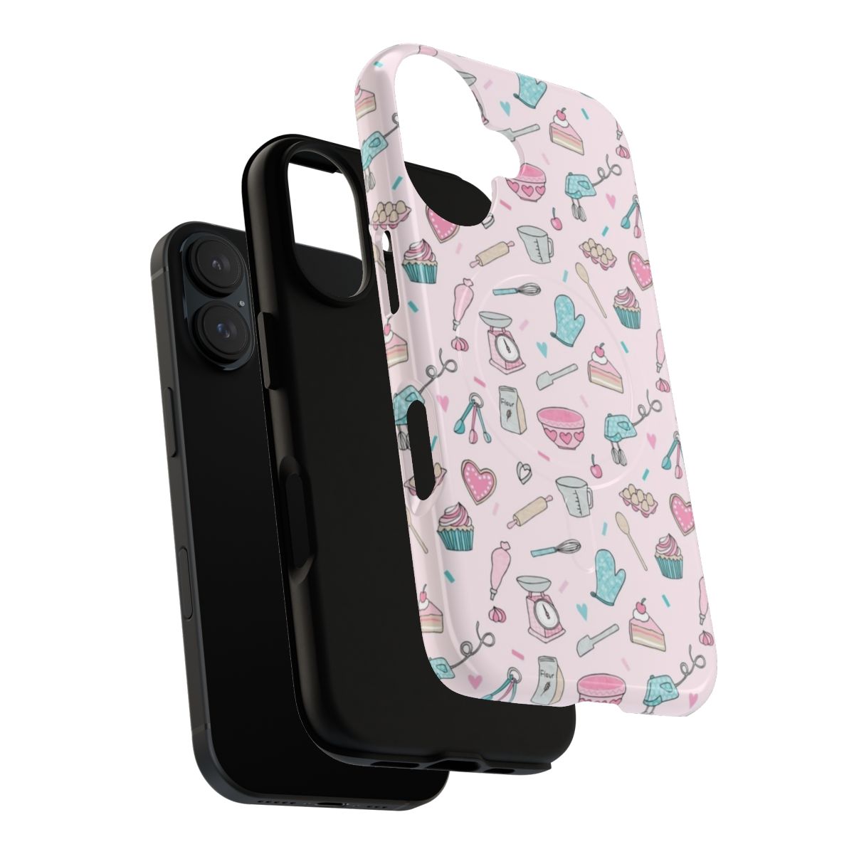 A pink phone case with a cute baking pattern design including spoons, bowls, and baking ingredients. - Layers