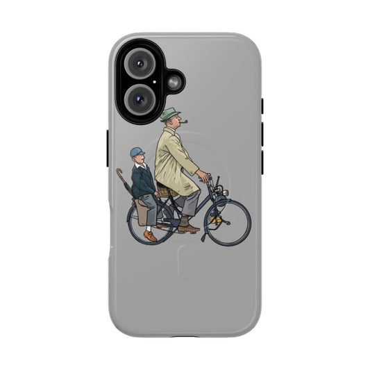 Vintage-style phone case featuring characters from Jacques Tati's film "Mon Oncle"