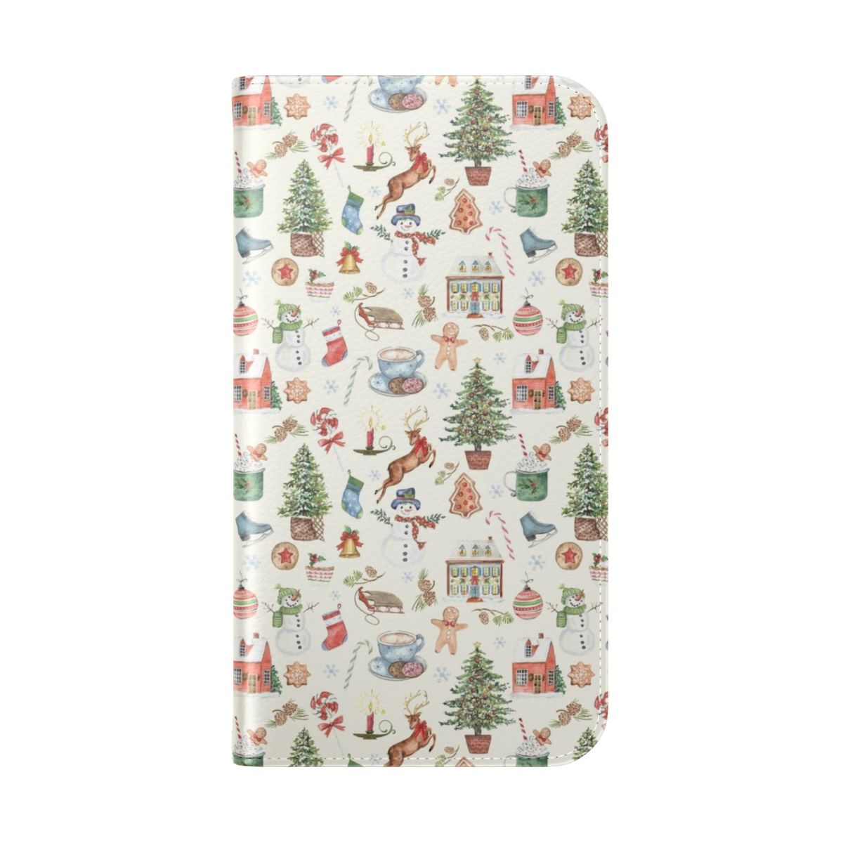 Festive holiday-themed flip cover phone case with images of a bell tree, cookies, ice skates, and other winter elements. - Folded Back