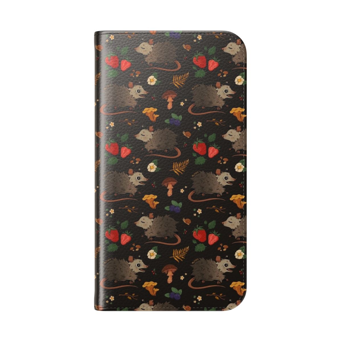 Flip phone case with a whimsical pattern featuring possums, mushrooms, and other forest creatures. - Folded Back