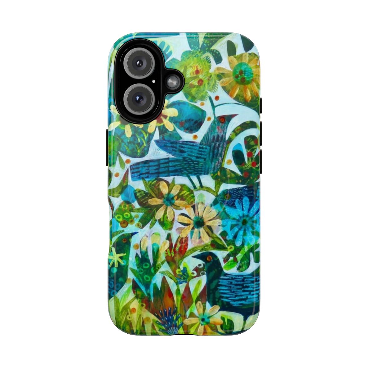 Colorful phone case with a magnetic design and nature-inspired illustrations by Este MacLeod