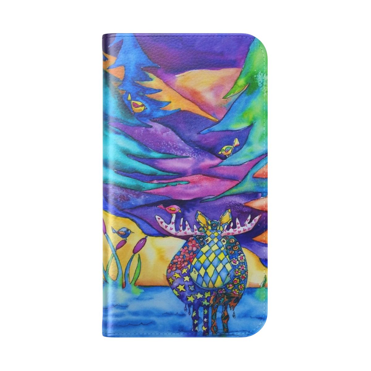 Colorful flip cover phone case with a vibrant moose design - Folded Back