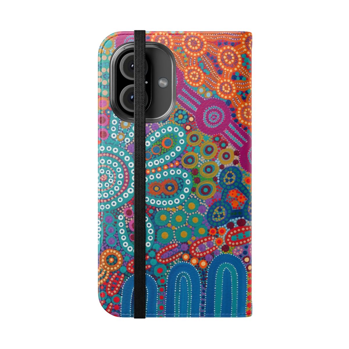 Flip phone case featuring vibrant aboriginal art design - Folded Front