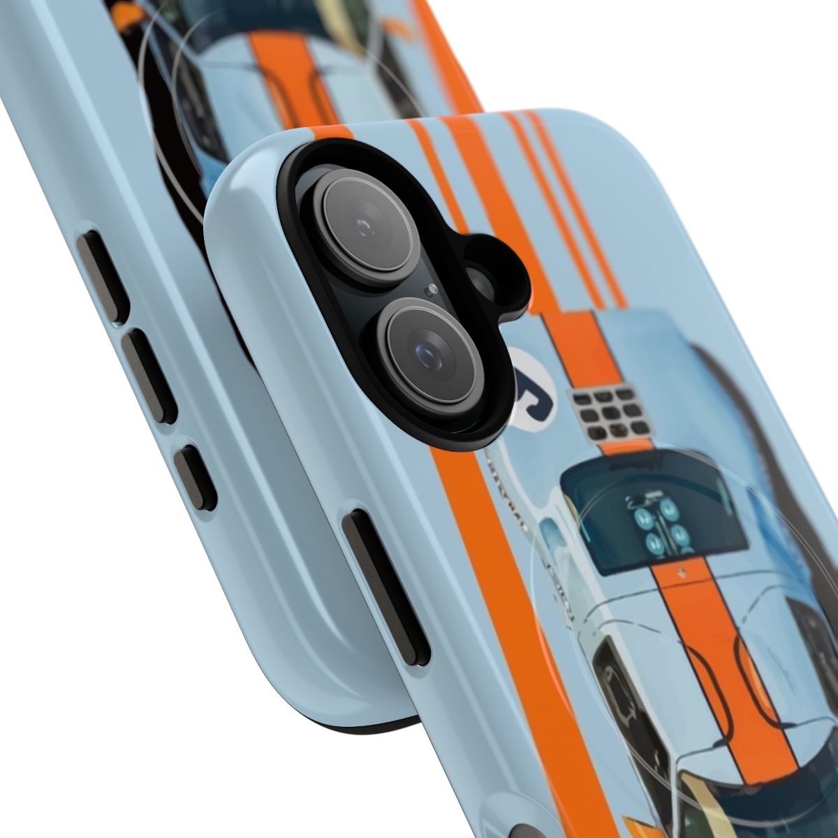 Retro artwork of a blue and orange Ford GT40 MK2 race car on a phone case. - Detail