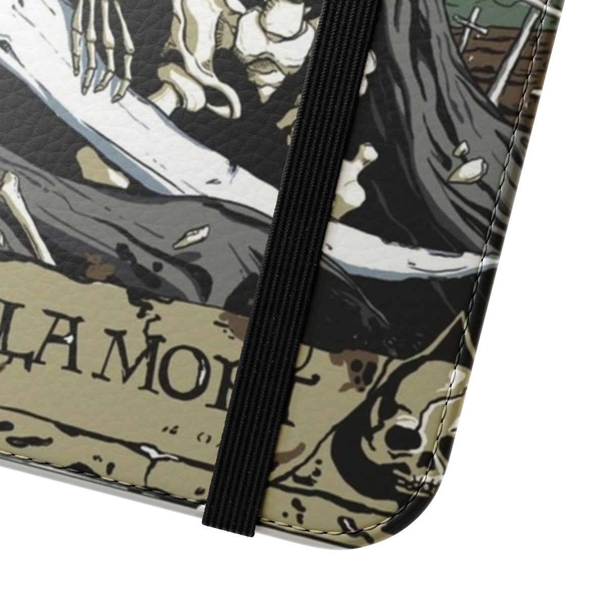 Flip cover phone case with a dark tarot card and skull design - Close Up