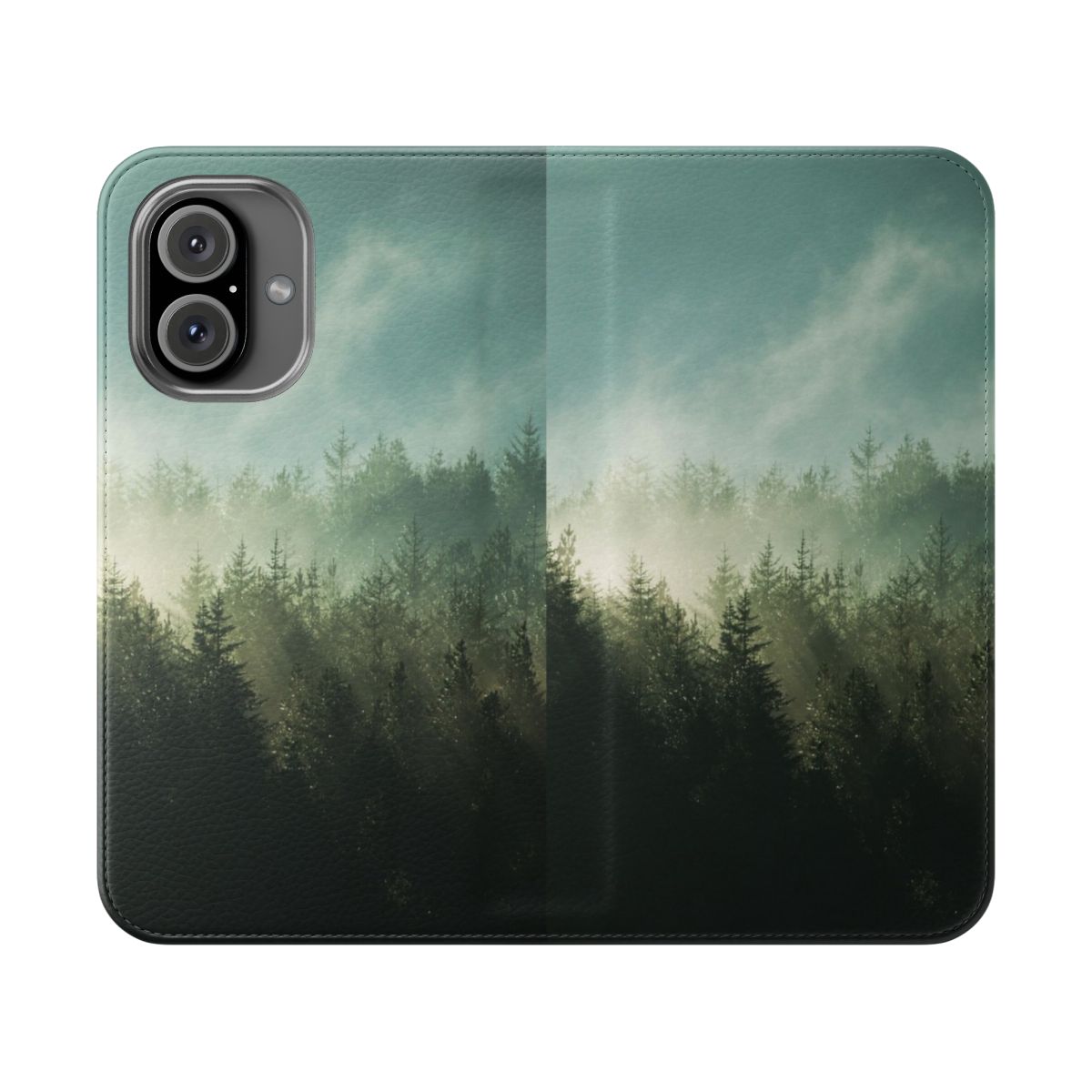 Flip cover phone case with a misty, moody forest landscape design