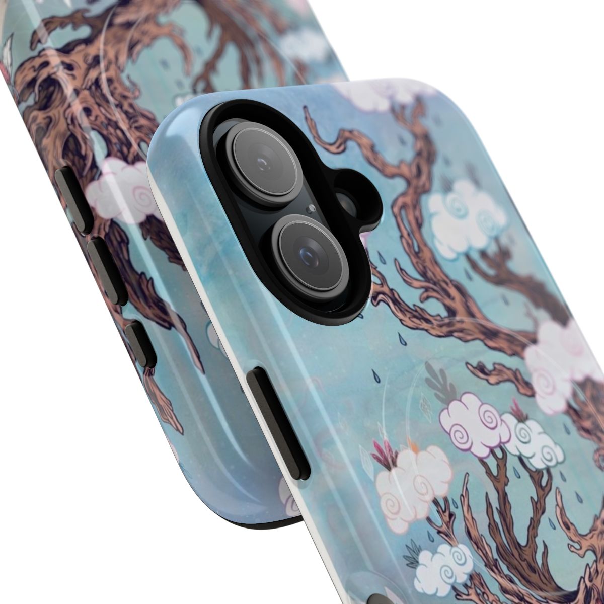 A phone case featuring a surreal, artistic illustration of a deer in a mountain landscape. - Detail