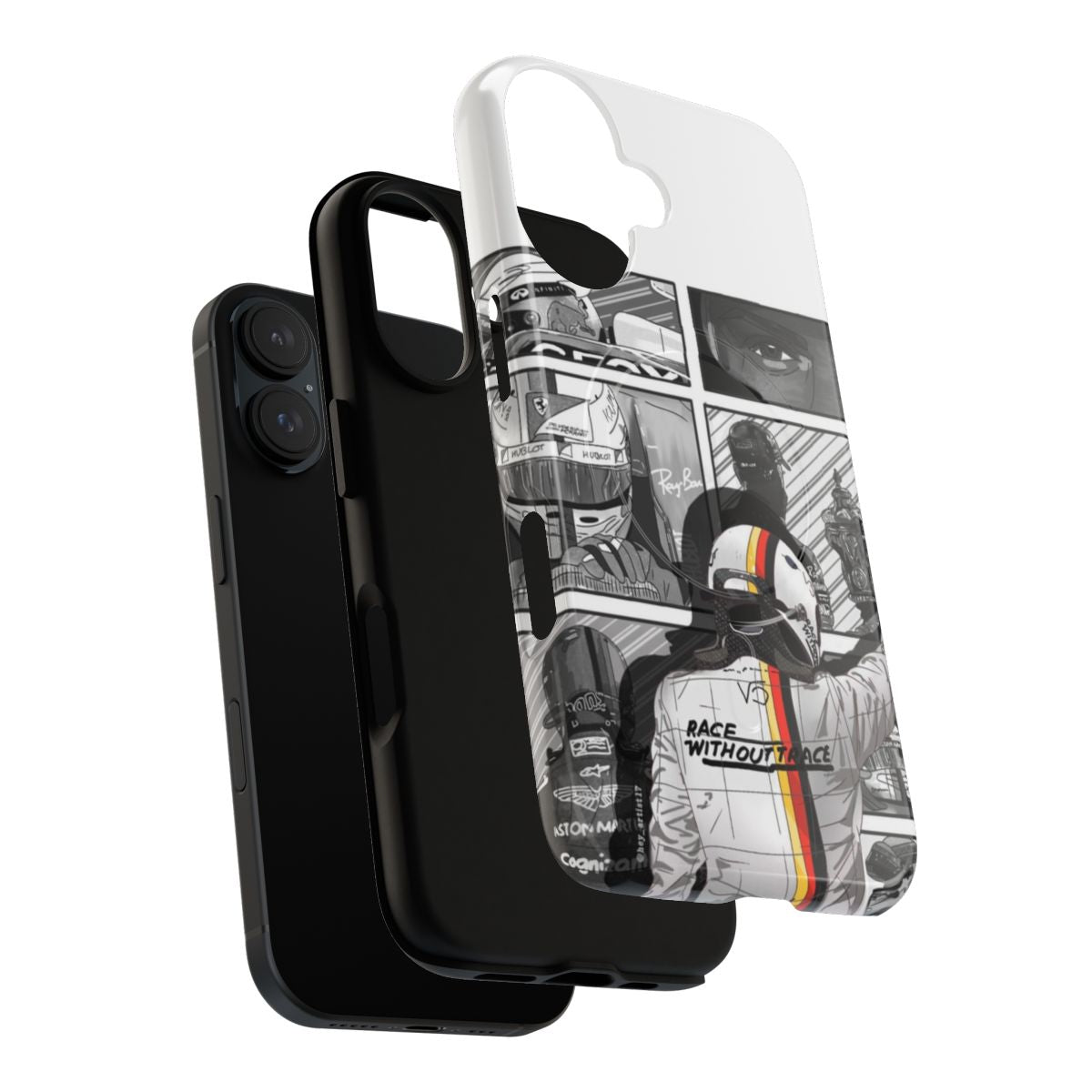 Durable phone case with a magnetic design featuring Sebastian Vettel, the renowned Formula 1 driver. - Layers