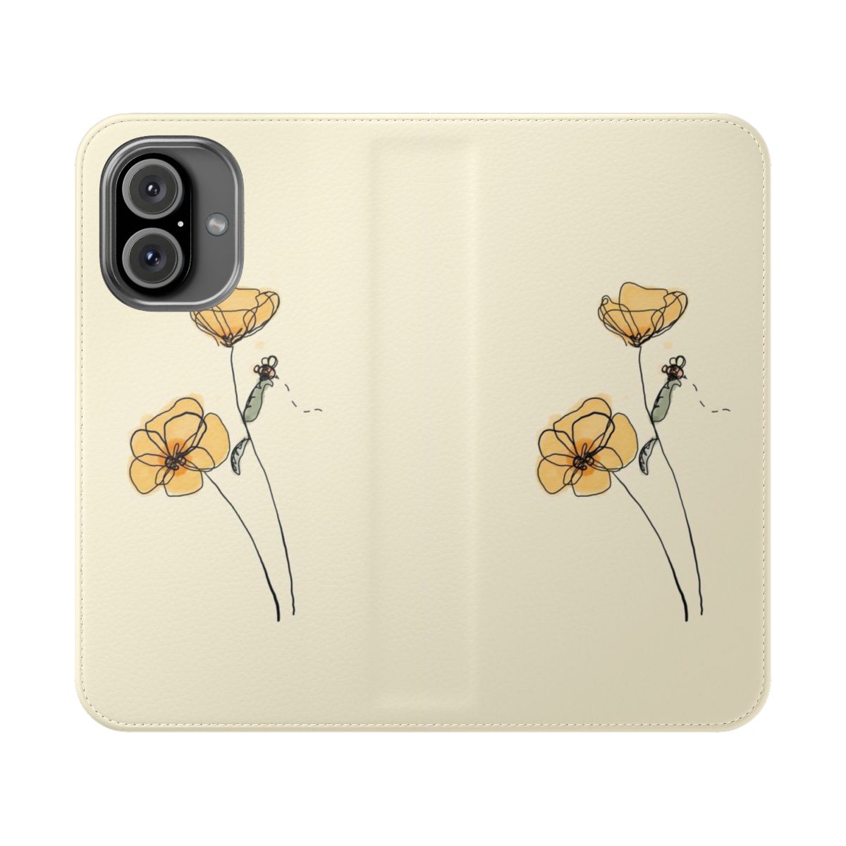 Flip phone case cover featuring a simple, minimalist design of poppies and a bee in a line art style.