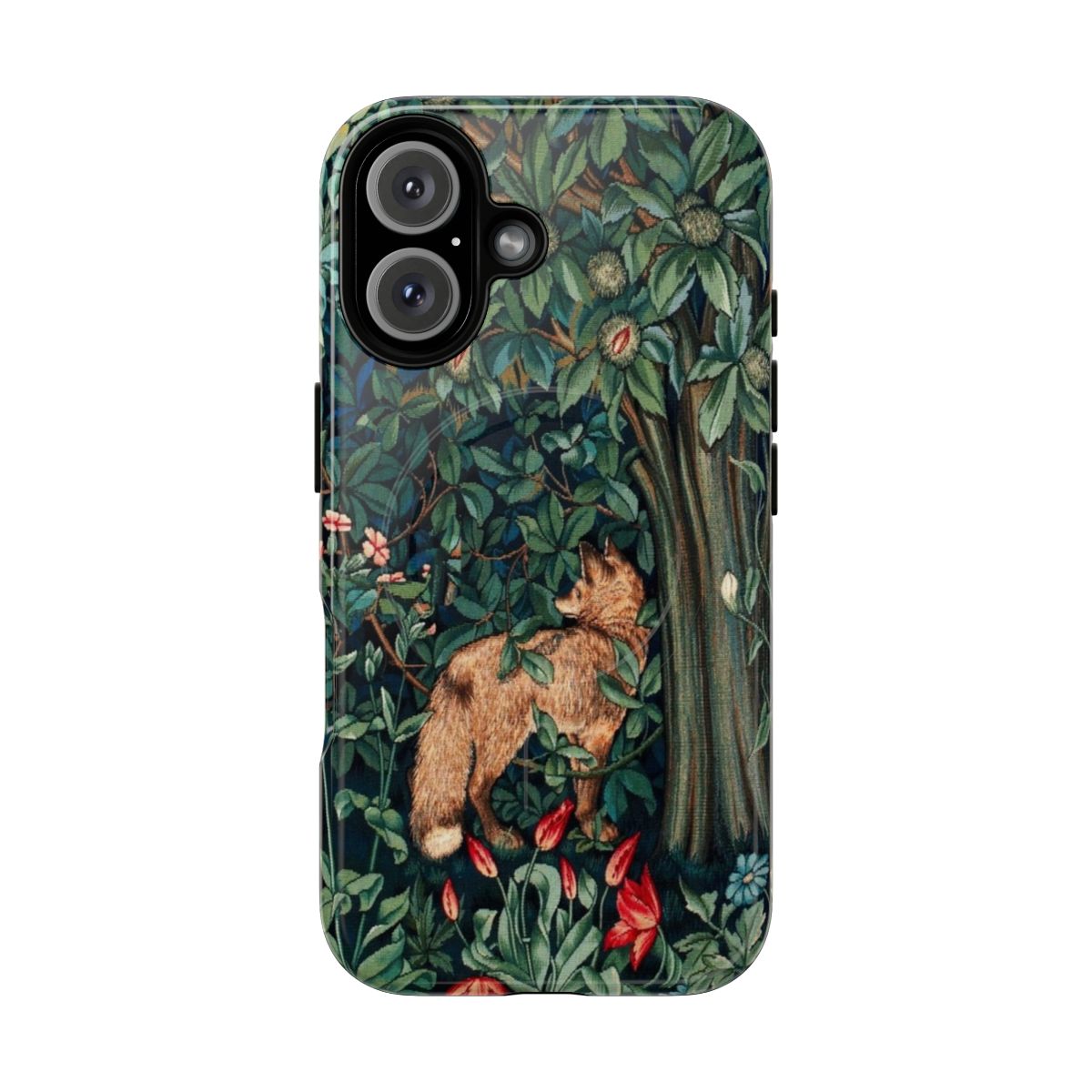 Magnetic tough phone case with a vintage floral tapestry design featuring foxes, hares, and lush green foliage.