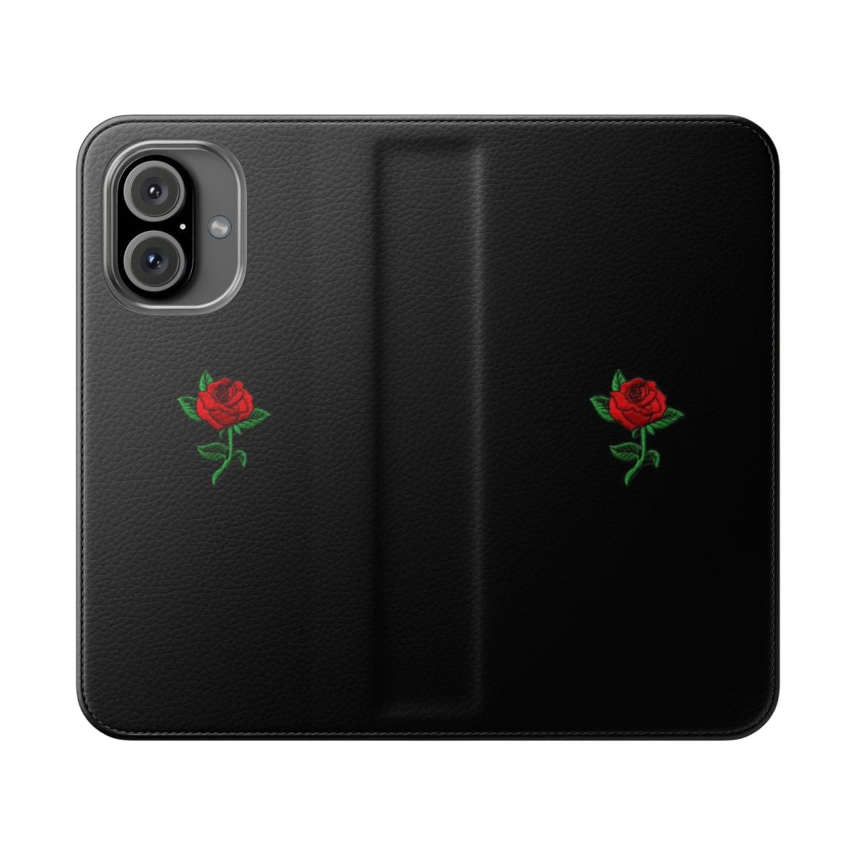 A stylish red rose-themed phone case with a flip cover design