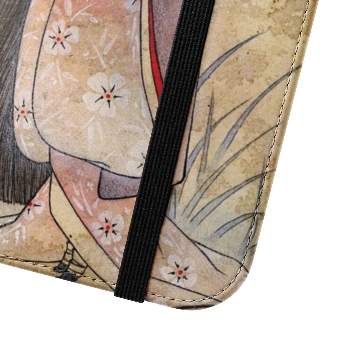 Flip phone case featuring a watercolor illustration of a kitsune (tea fox) in a kimono against a backdrop of smoke and ink splashes. - Close Up