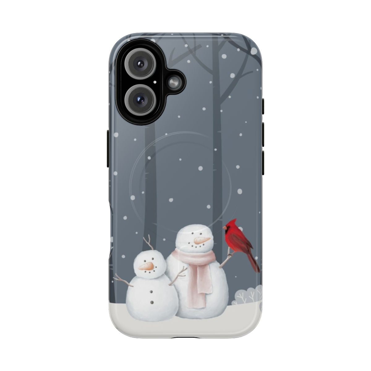 Snowman and cardinal winter scene on a durable, magnetic phone case