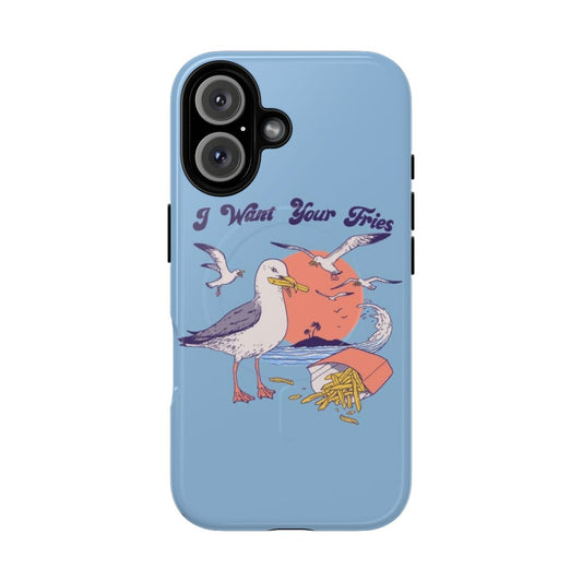 Magnetic tough phone case with a retro-style illustration of a seagull eyeing a pile of french fries.