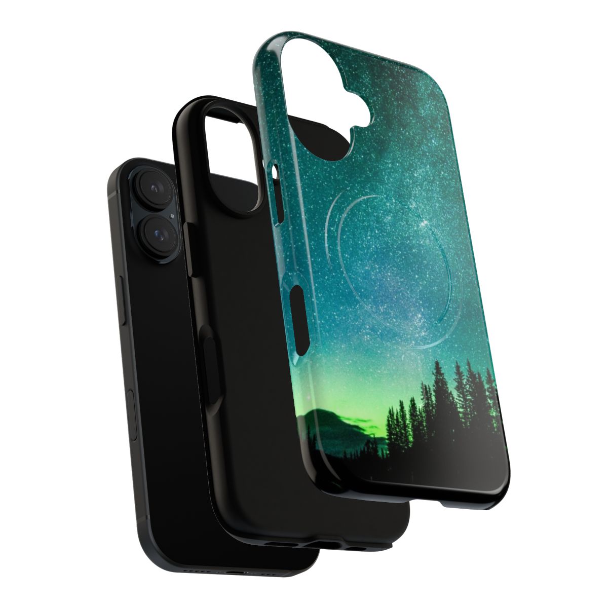 Aurora Borealis inspired phone case featuring a stunning night sky landscape with mountains, stars, and the vibrant northern lights. - Layers