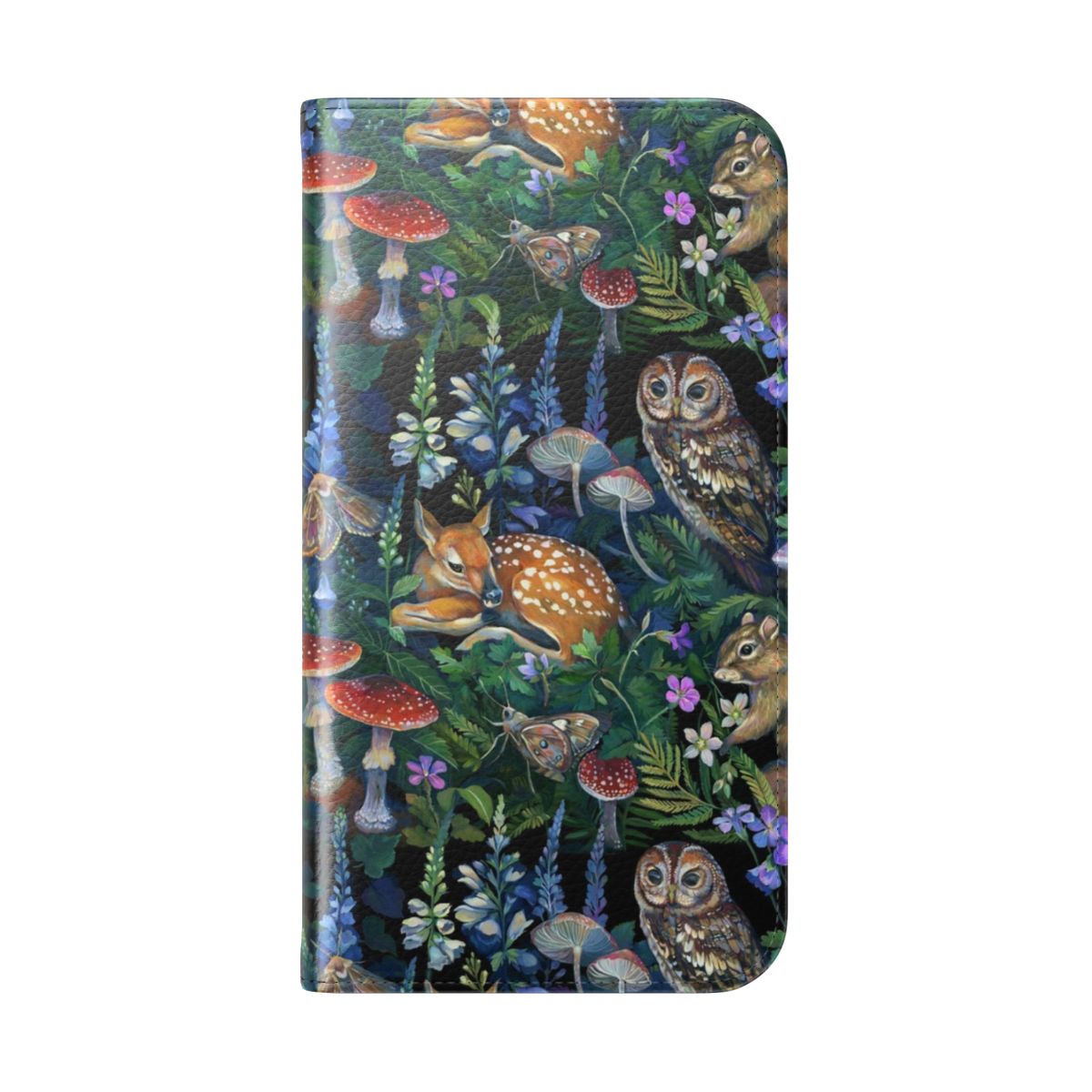 Enchanted forest-inspired flip cover phone case with deer, flowers, and foliage - Folded Back