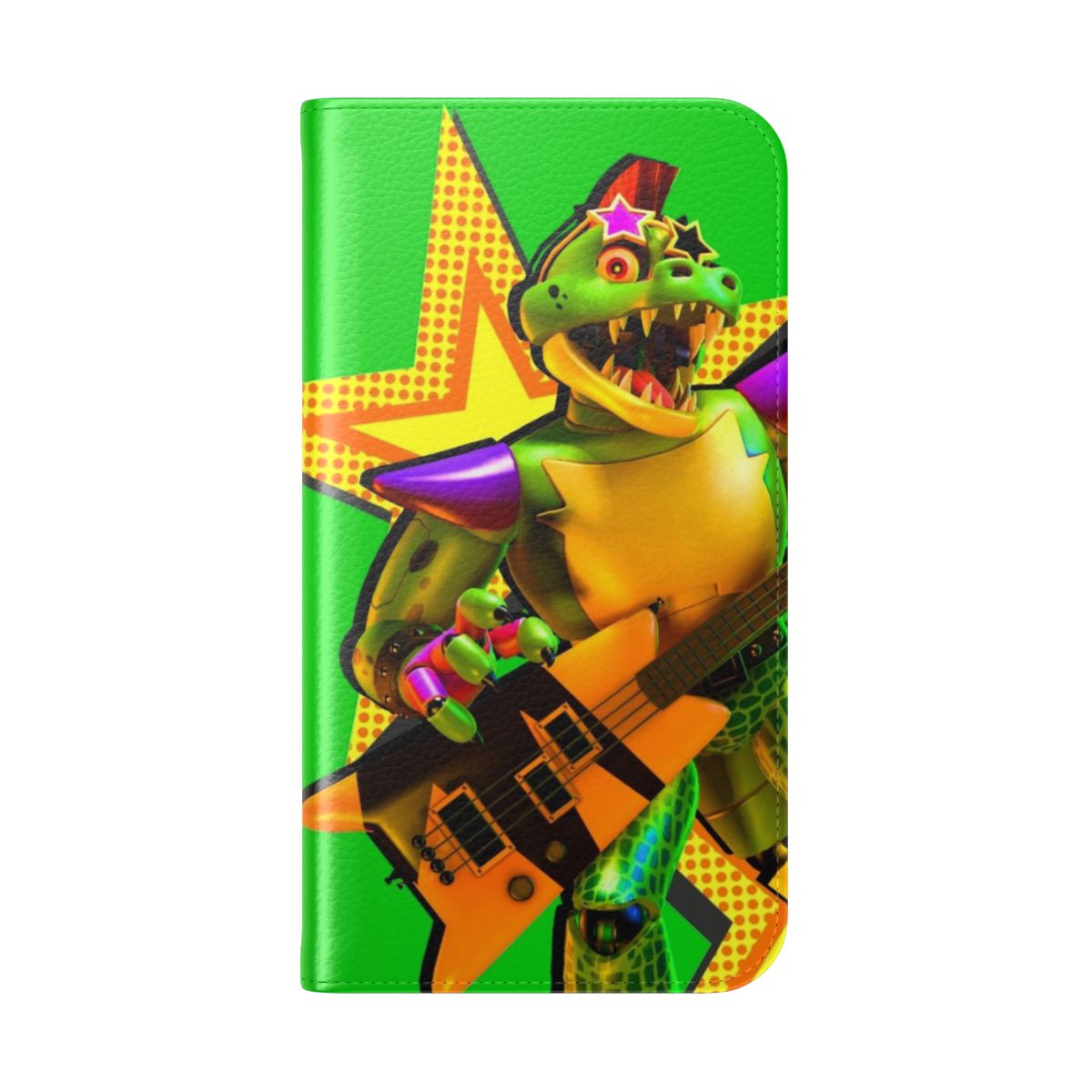 Sturdy flip cover phone case with a gator-inspired design, perfect for fans of Five Nights at Freddy's Security Breach. - Folded Back