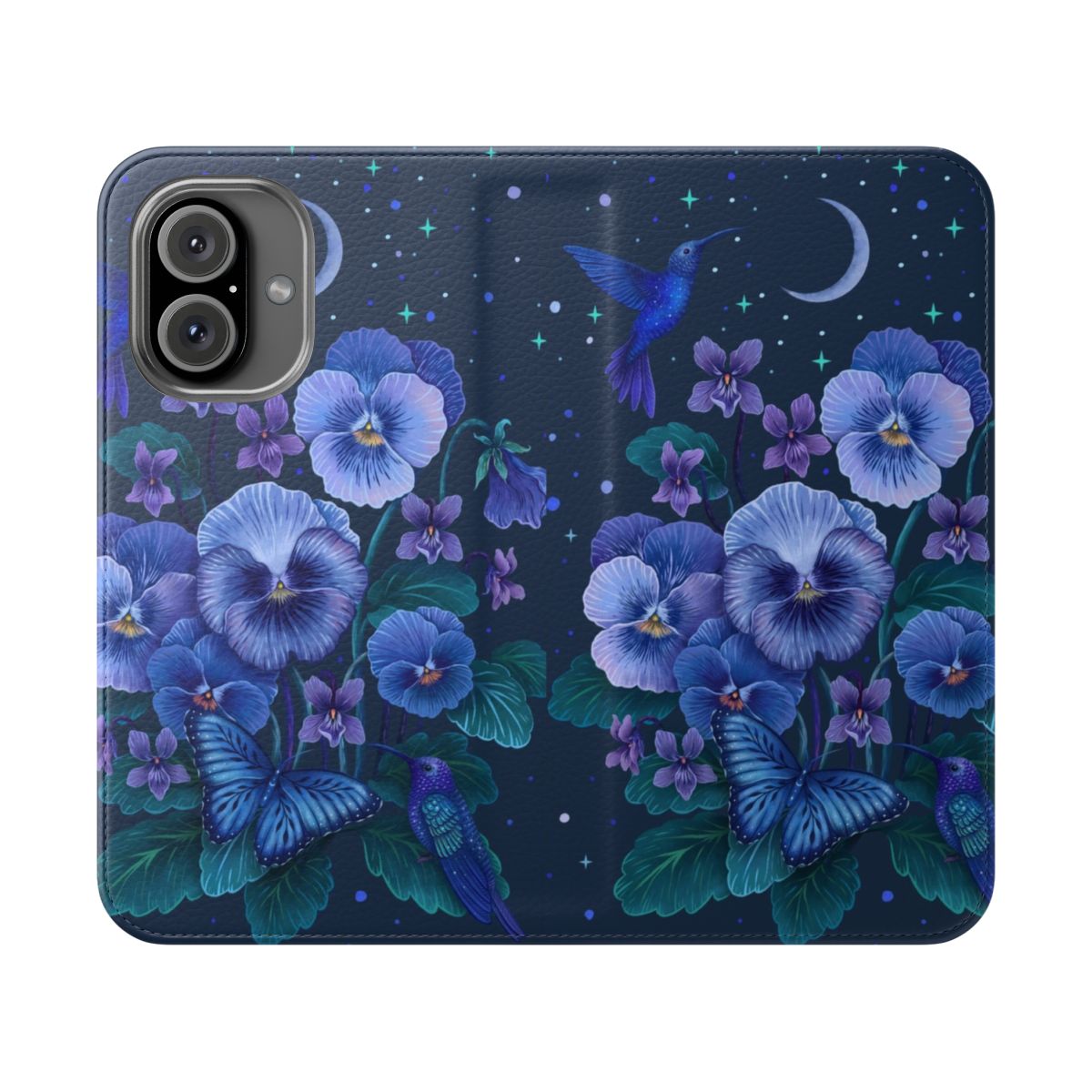 Violet flower February birth flower phone case with hummingbird and moon design