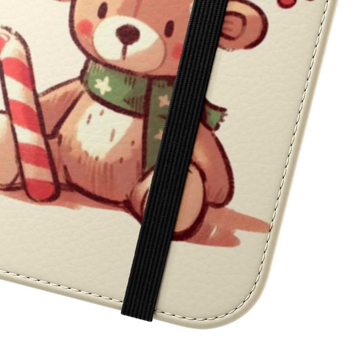 A flip cover phone case featuring a whimsical Christmas reindeer design with a candy cane and scarf. - Close Up