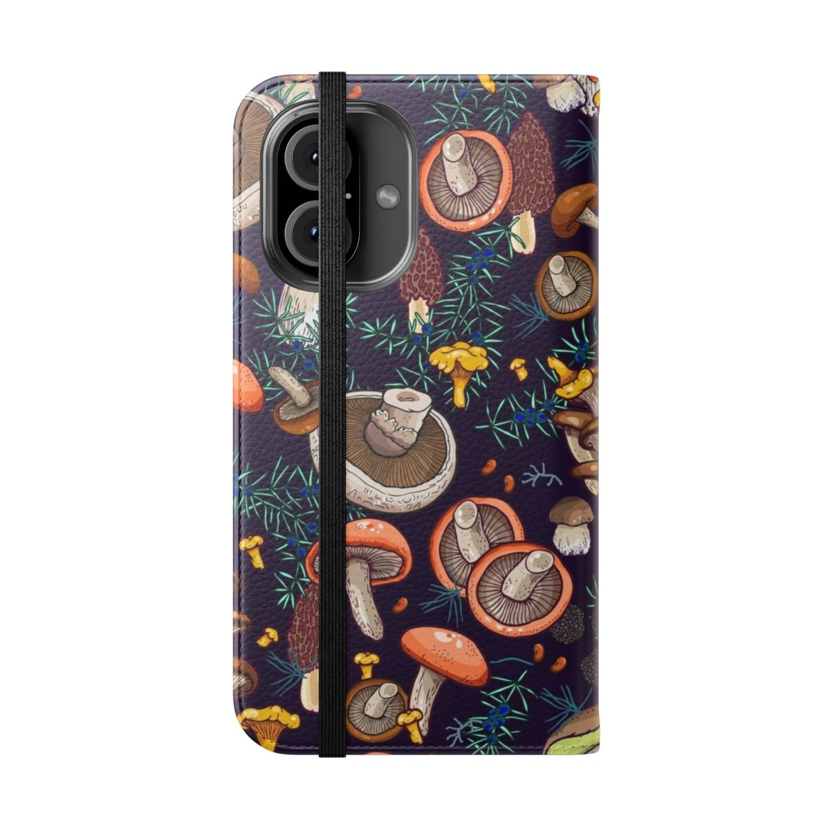 Detailed phone case featuring a whimsical forest scene with various mushrooms and botanical elements - Folded Front