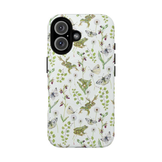 Artistic phone case featuring a watercolor painting of spring frogs and orchids in a lush, green setting.