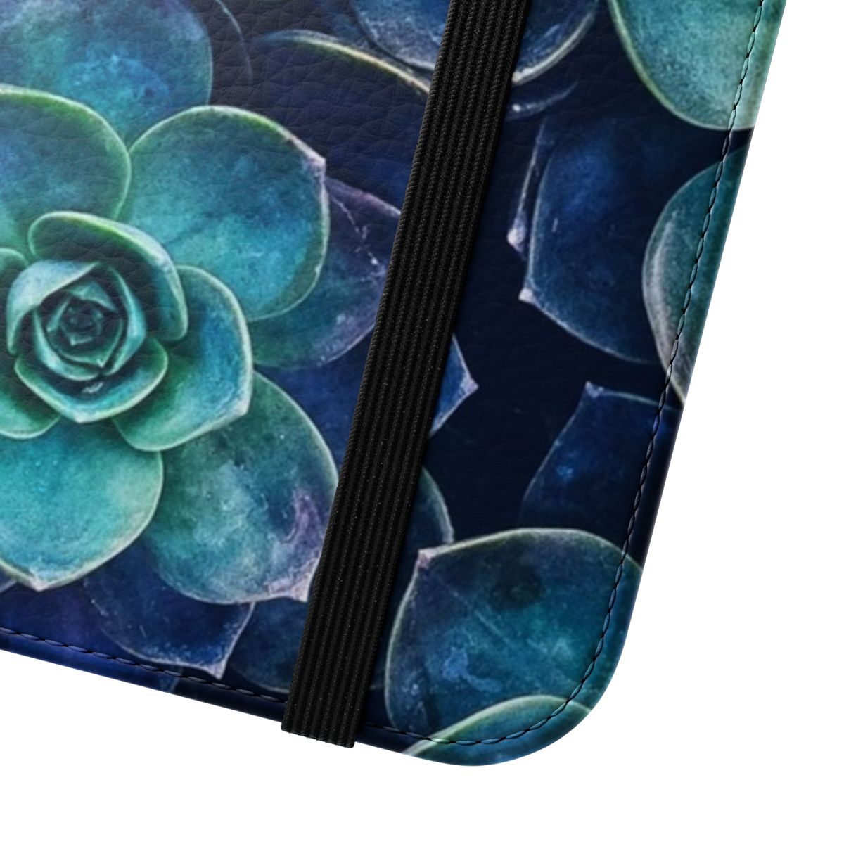 Succulent-patterned phone case in blue, green, and pink shades - Close Up