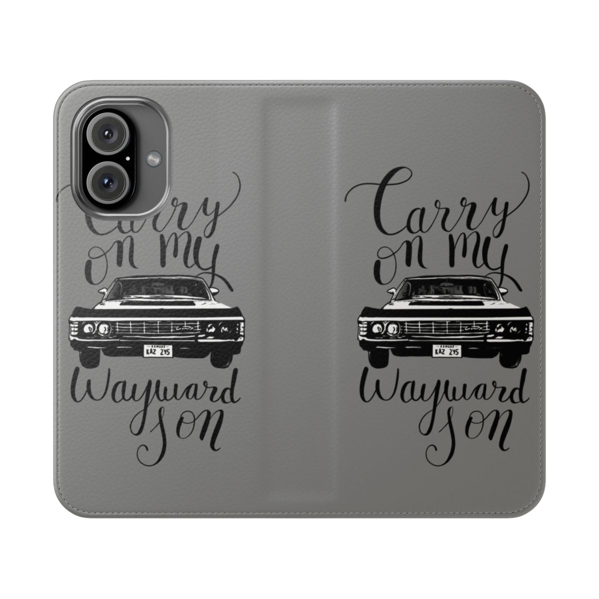 Supernatural-inspired flip phone case featuring the lyrics "Carry On My Wayward Son"