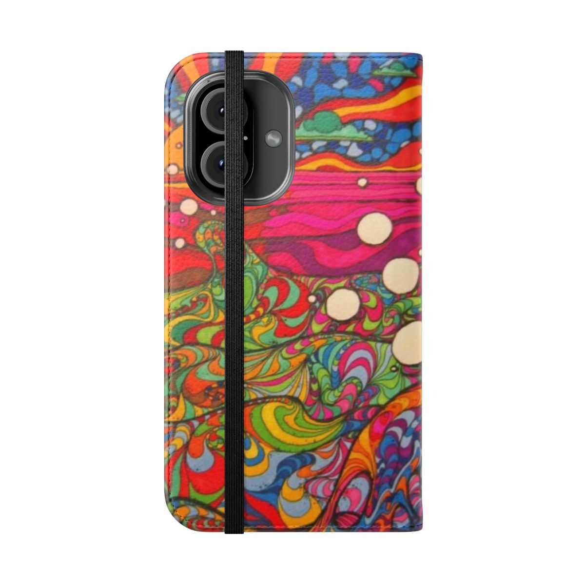 Colorful psychedelic trippy hippie-style phone case with abstract geometric patterns - Folded Front