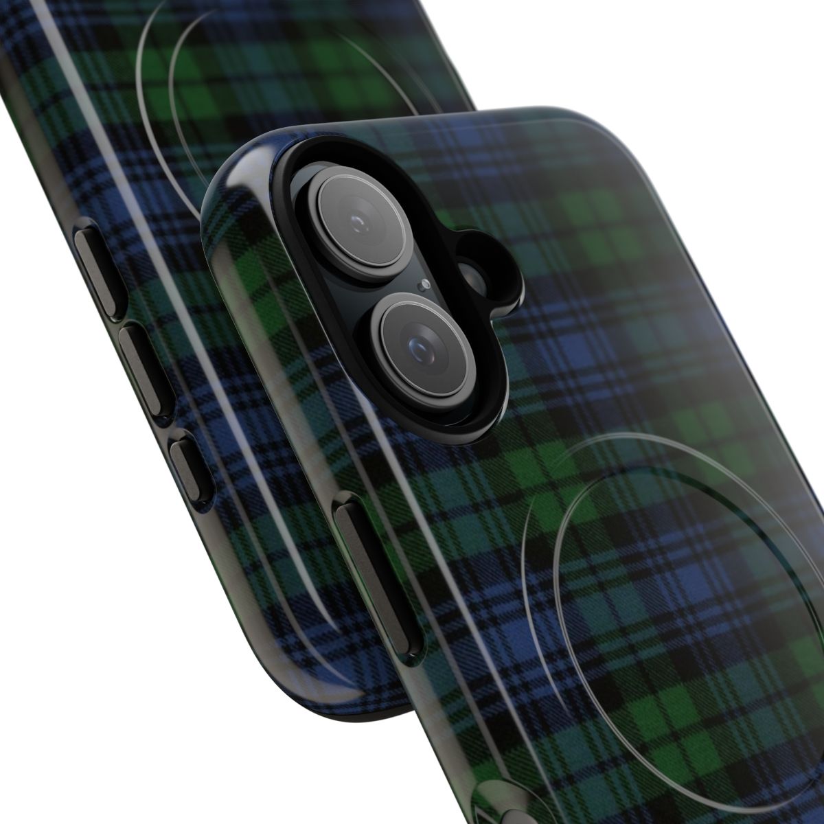 Closeup of black watch tartan pattern on a rugged phone case - Detail