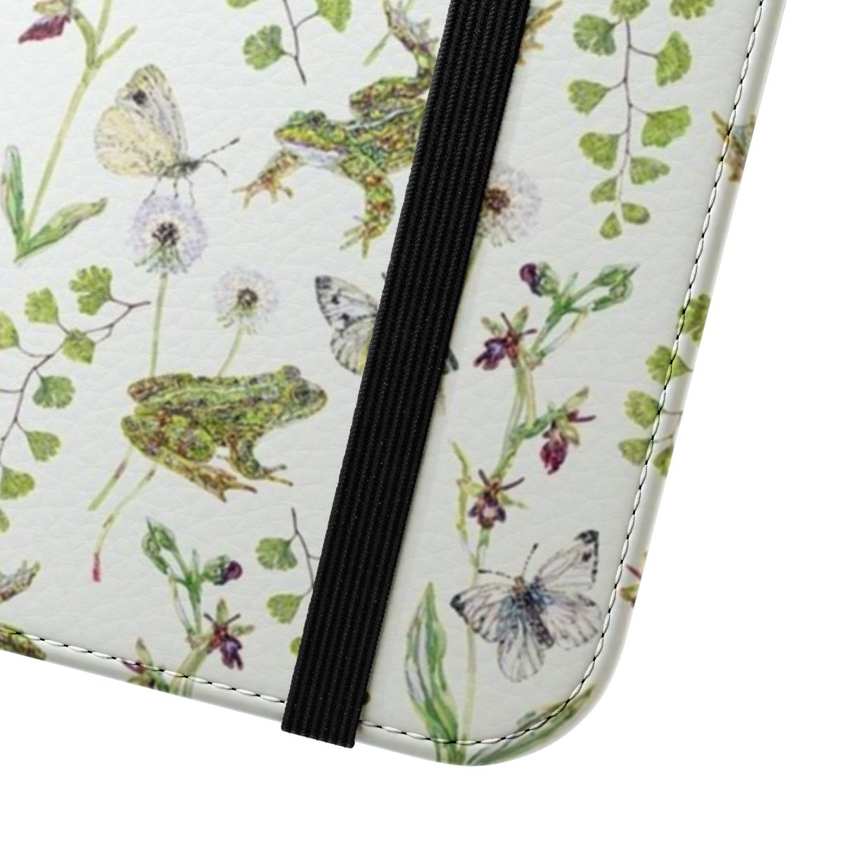 Green lightweight flip cover phone case featuring a watercolor illustration of frogs and orchids in a spring nature scene. - Close Up