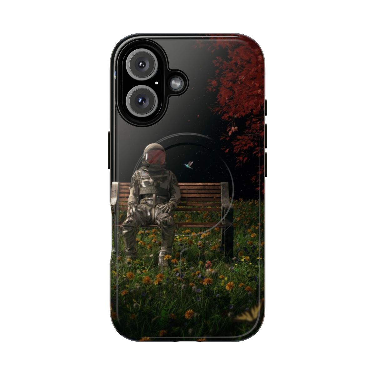 Cosmic and surreal nature-inspired magnetic tough phone case with images of astronauts, space, birds, flowers, and grass.