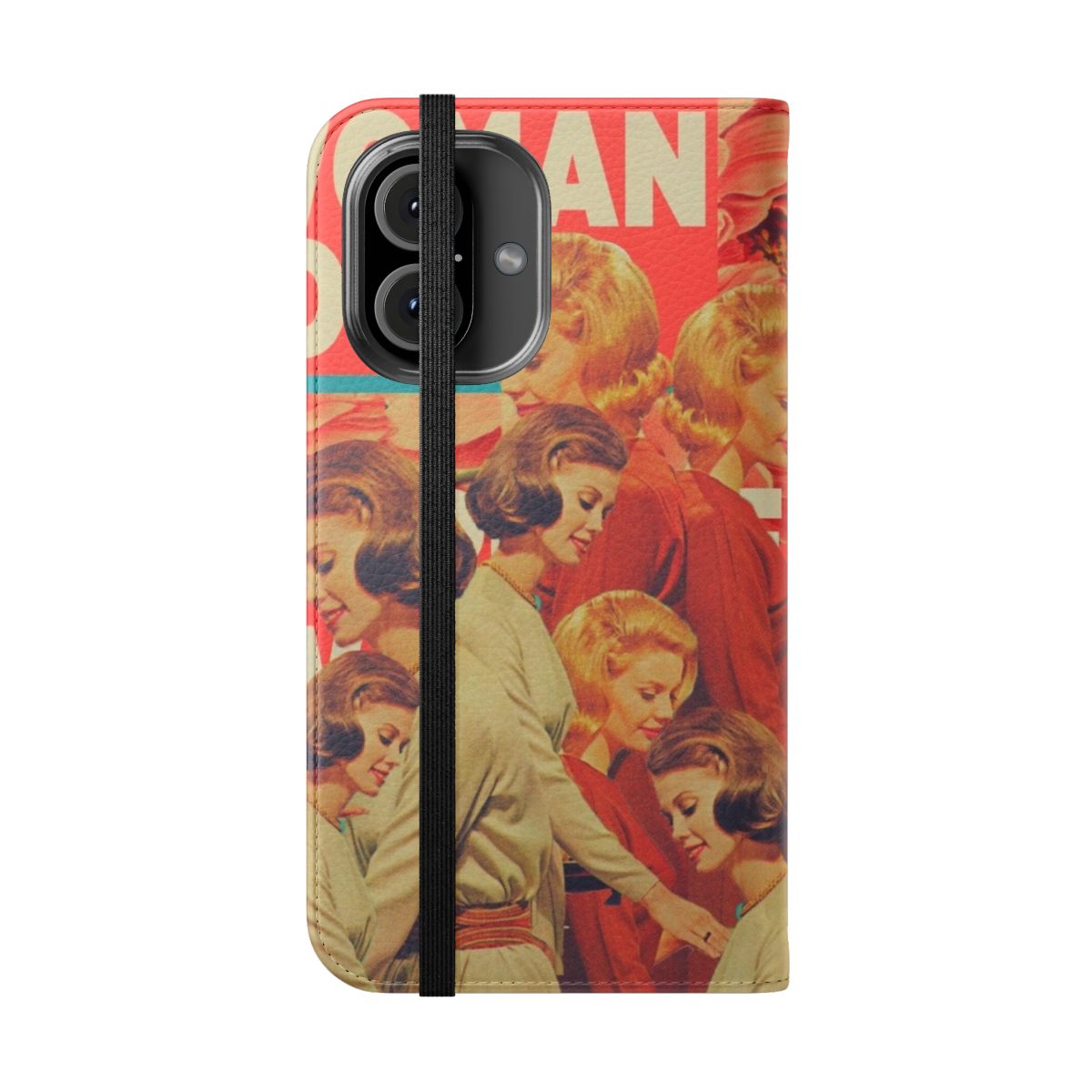 Vintage collage-style phone case in vibrant colors with a retro art design, featuring a woman's portrait. - Folded Front