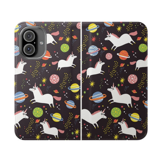 A vibrant flip phone case featuring a whimsical space unicorn design with planets, stars, and a retro, vintage-inspired aesthetic.