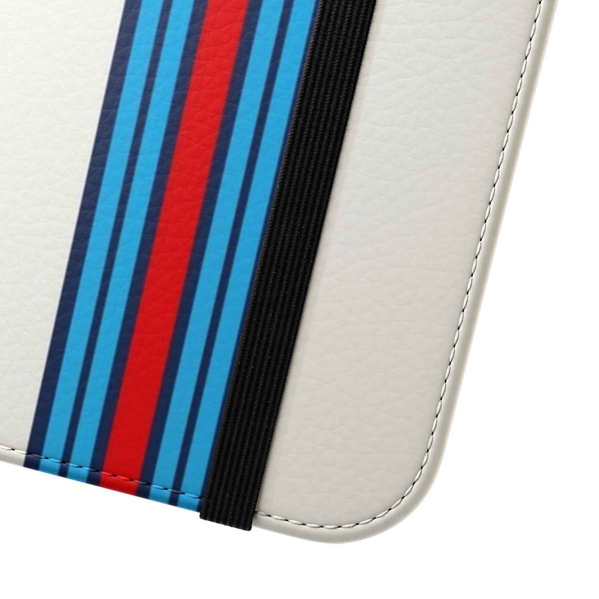 Martini racing inspired phone case with a sporty and stylish flip cover design - Close Up